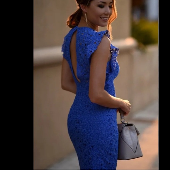 Zara Royal Blue Guipure Lace Embroidery Chic Midi Dress Size Small - Picture 3 of 16